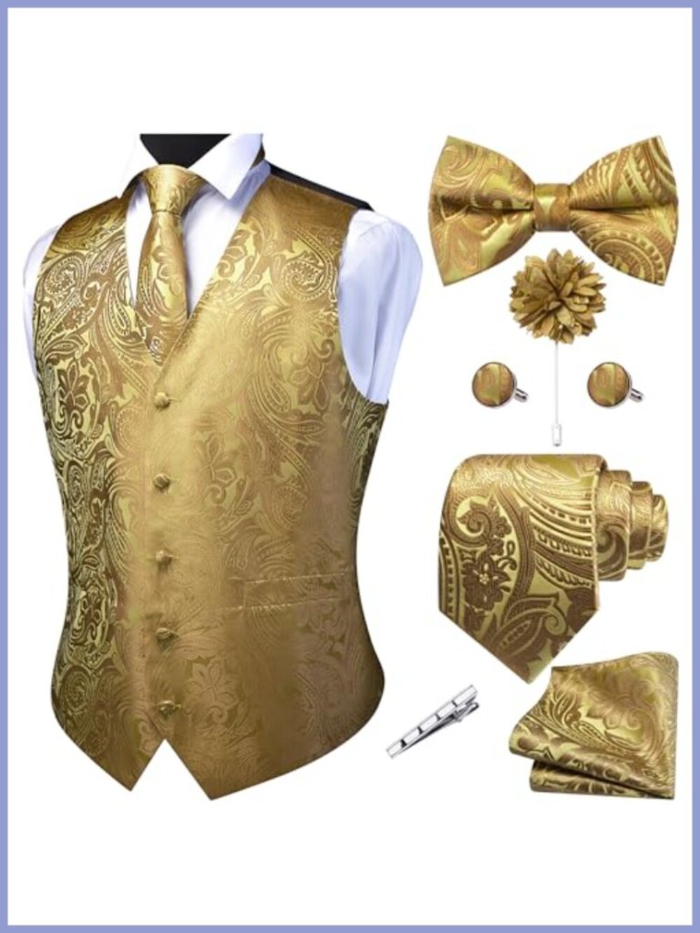 Men's V-Neck Suit Vest Formal Paisley Jacquard 7-Piece Set
